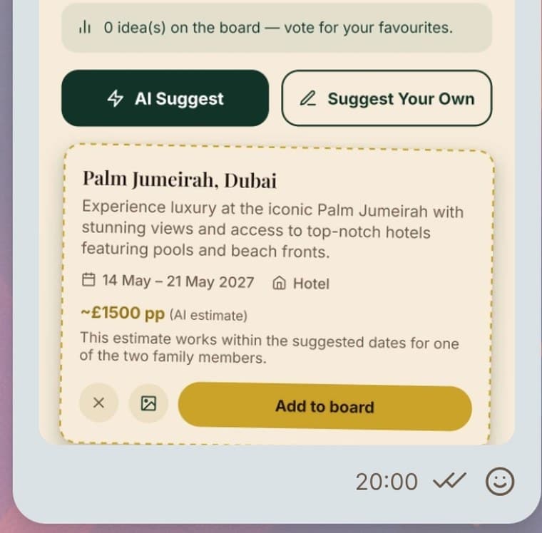 A holiday suggestion in the app: Palm Jumeirah, Dubai, with dates, an estimated price per person, and an Add to board button.